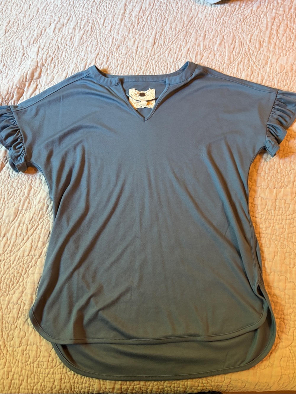 Cupio Slate Blue V-Neck Short Sleeve Top with Ruffle Sleeves